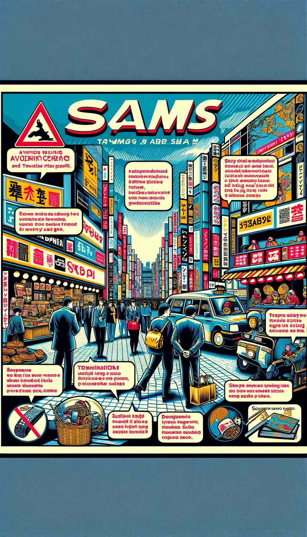 Importance of avoiding scams and tourist traps in Japan. It depicts common scenarios where tourists might encounter scams, such as overpriced souvenir shops, Roppongi bar scams, unofficial guides, and taxi scams. The artwork shows tourists exercising caution in these situations, being vigilant in crowded tourist areas, and using secure ATMs. It includes visual representations of staying informed, like reading reviews or consulting maps, and trusting instincts when situations feel dubious. The image also emphasizes preparation as a safety net, showing tourists keeping emergency contact numbers and being aware of their travel insurance coverage. This artwork conveys the message of awareness and vigilance, capturing the essence of a safe and informed travel experience in Japan
