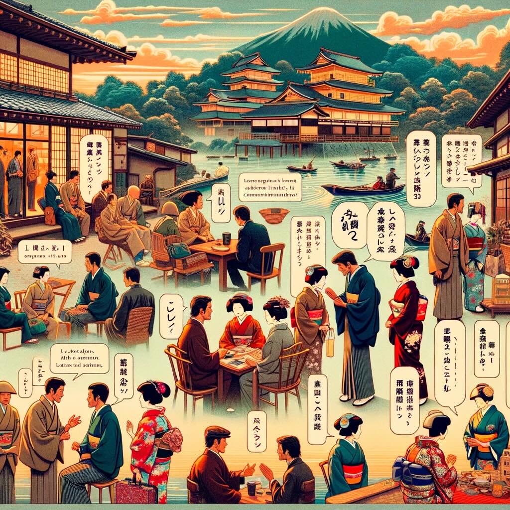 Importance of language and communication in Japan for travelers. The artwork depicts travelers using essential Japanese phrases in various settings, showcasing warm interactions and respectful exchanges. It includes scenes of travelers greeting locals, expressing gratitude, and understanding the nuances of indirect communication and the power of silence. The image captures the beauty and depth of engaging with the Japanese language and communication style, emphasizing the respect and appreciation for the local culture and highlighting the enriching experience of language learning and cultural immersion