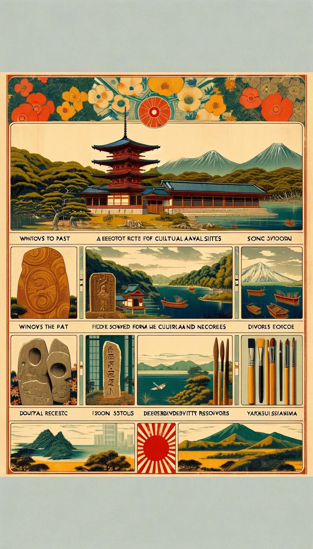 Importance of preserving Japan's cultural and natural sites. It artistically weaves together various elements that embody the historical and ecological significance of these sites