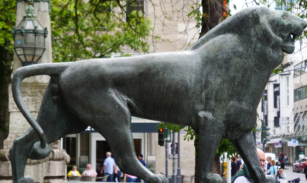 Imposing lion statue in Dusseldorf, Germany 