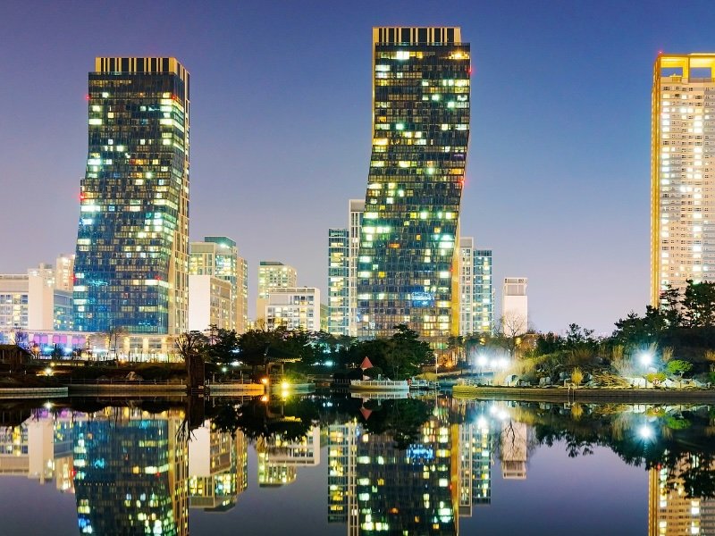 Incheon modern buildings all lit up at night