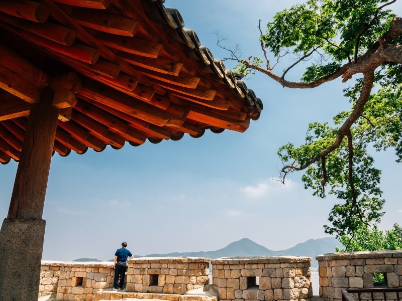 Incheon traditional Korean pavilion rooftop views 