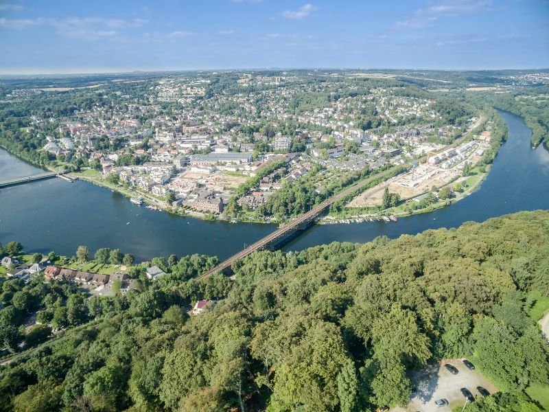 Incredible aerial views of Essen, Germany from a high vantage point showing the entire city