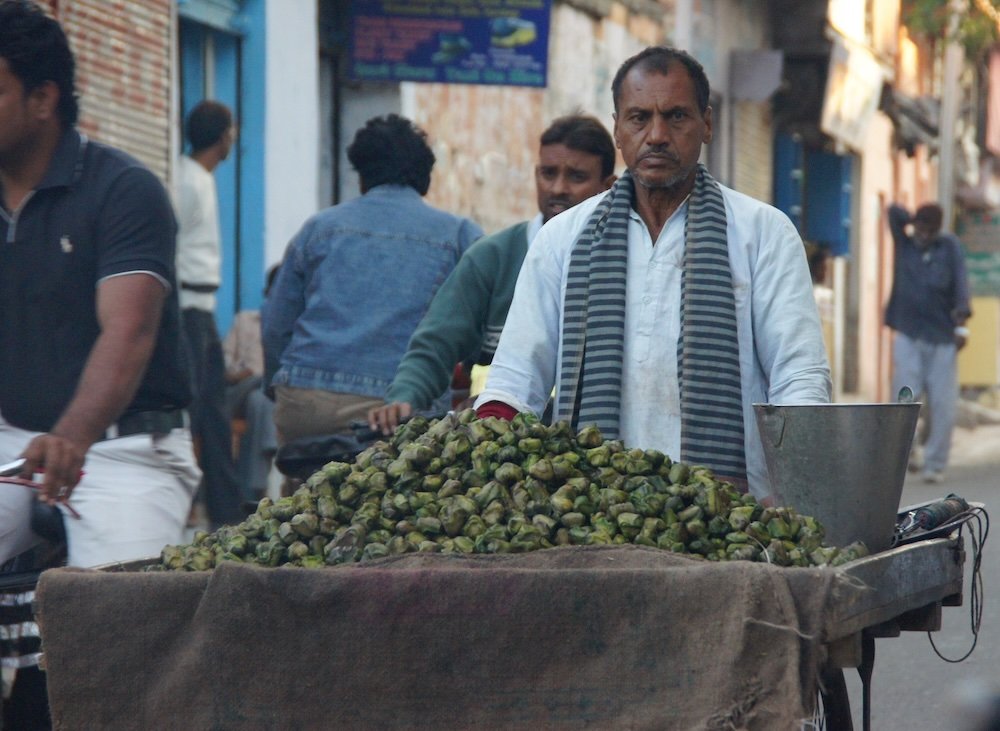 Indian man pushcart street food in Agra, India