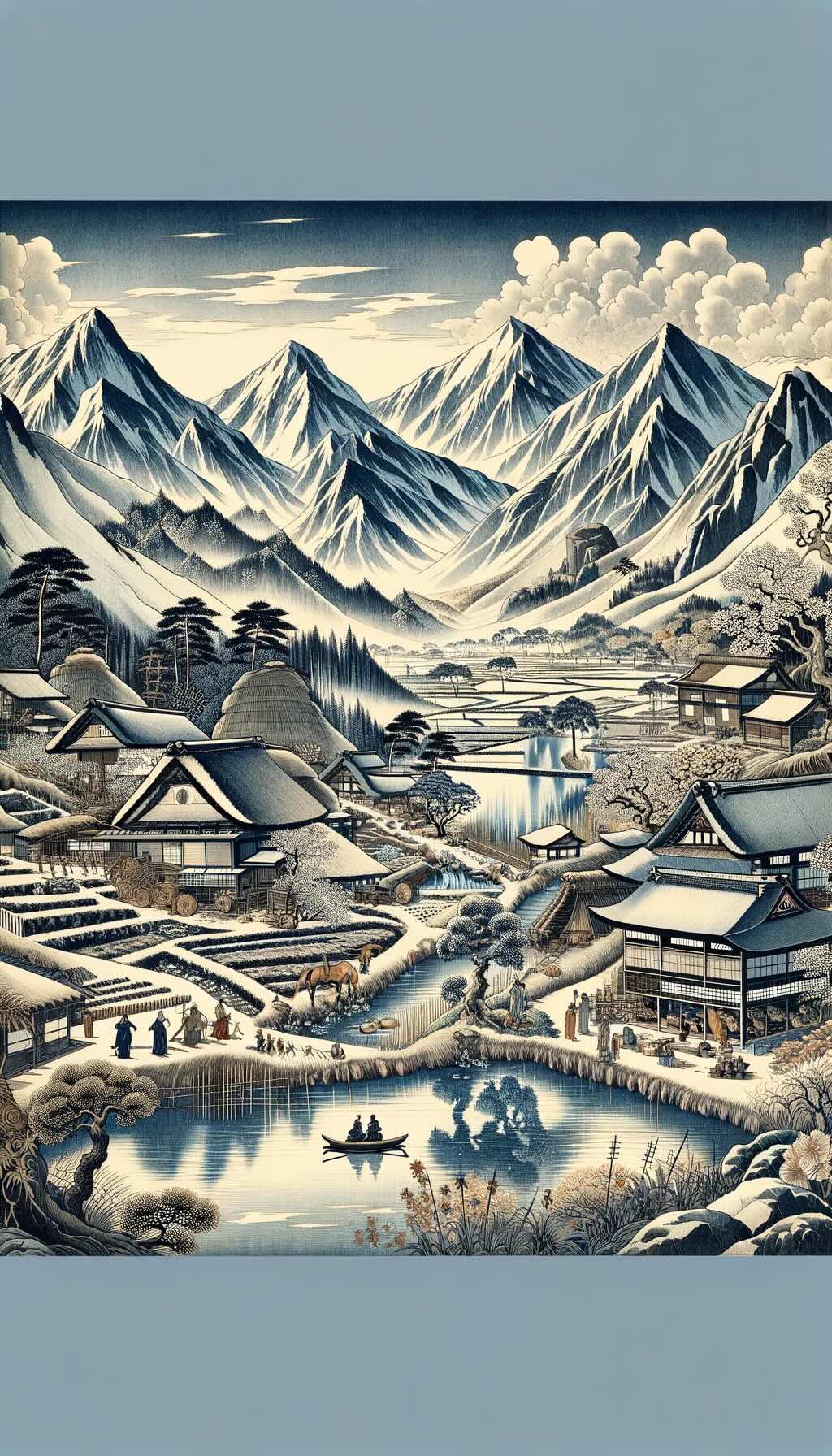 Influence of mountain villages on Japanese arts, literature, and tradition beautifully illustrates the inspiration drawn from haiku poetry and ukiyo-e art, and portrays traditional Japanese practices preserved in mountain villages. 