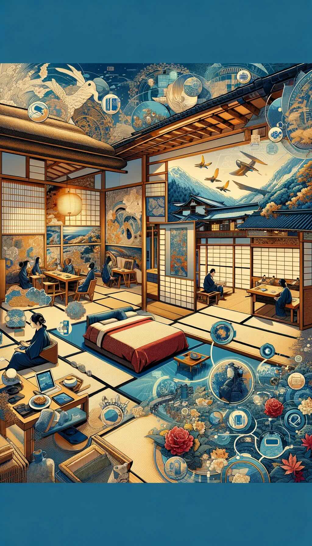 Innovative spirit of younger generations in ryokans, showcases a fusion of traditional and contemporary elements within a ryokan setting, such as modern design elements in tatami rooms and the integration of technology in a serene ambiance. The artwork also illustrates storytelling through modern mediums, environmental sustainability practices, and collaborations with artists and cultural figures. This dynamic evolution of ryokans is depicted, balancing the richness of tradition with modern innovations and global perspectives