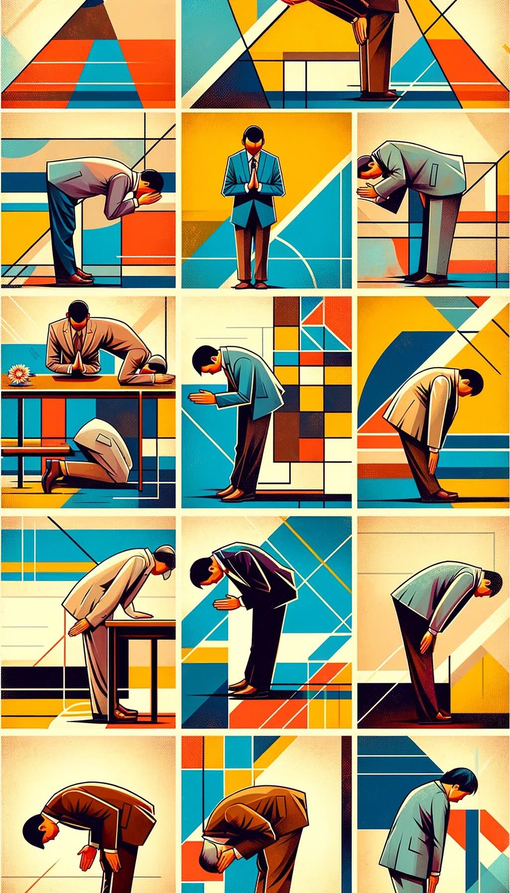 Interprets common bowing mistakes in Japan, each scenario depicted with a unique blend of bold colors and abstract forms: Over-bowing in a Casual Setting: This scene shows an exaggeratedly deep bow in a casual environment, highlighted by overly formal postures against a relaxed backdrop, illustrating the disconnect. Under-bowing in a Formal Setting: A figure is depicted bowing too shallowly amidst a more formal and rigid context, emphasizing the lack of depth in the bow. Awkward Timing in Bowing: This part of the image captures a character bowing at an inopportune moment, disrupting the flow of a depicted conversation, creating a sense of interruption. Lack of Sincerity: Here, a character's bow lacks genuine emotion, indicated by a disjointed and awkward posture, contrasting with the expected sincerity of the gesture. Incorrect Posture During a Bow: This segment shows a person with poor posture while bowing – slouching and fidgeting, conveying a sense of carelessness.
