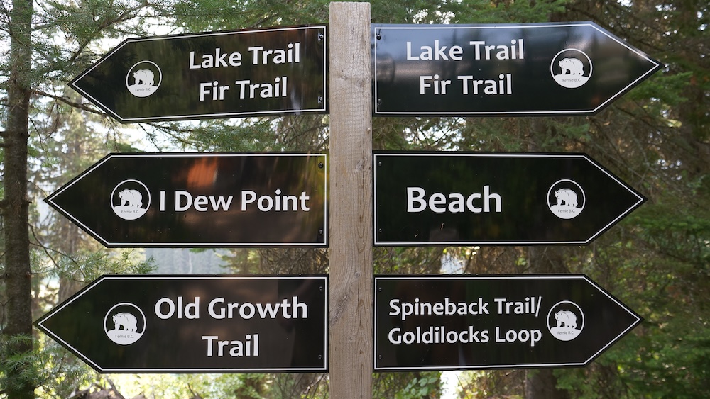 Trail direction signs at Island Lake Lodge in Fernie, British Columbia, showing Lake Trail, Fir Trail, Old Growth Trail, Dew Point, Beach, and Spineback–Goldilocks Loop options, helping hikers choose routes ranging from easy lakeside walks to longer alpine hikes.
