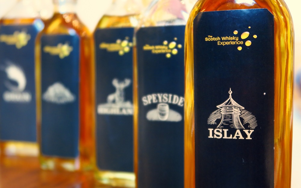 Islay Scotch Whisky lined up bottles in Edinburgh, Scotland 