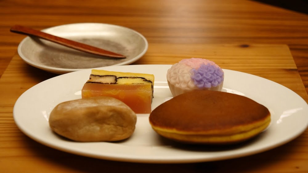 Japanese sweets for dessert on a plate in Takayama, Japan 
