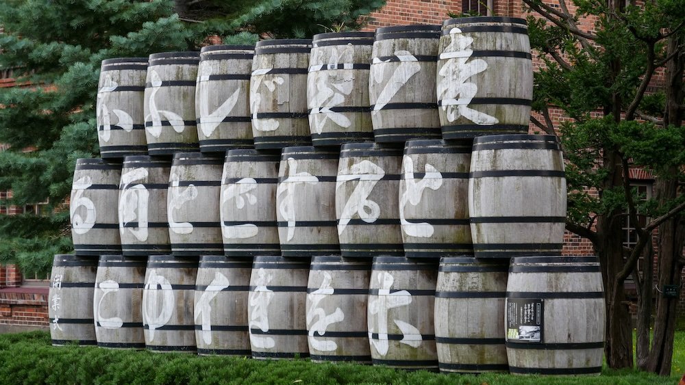 Japanese beer barrels stacked on top of each other in Sapporo, Japan