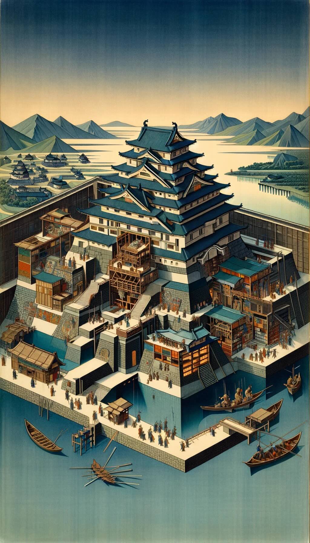 Japanese castle during the Sengoku Period represents the castle's role in warfare and administration, with its strategic design and bustling surroundings