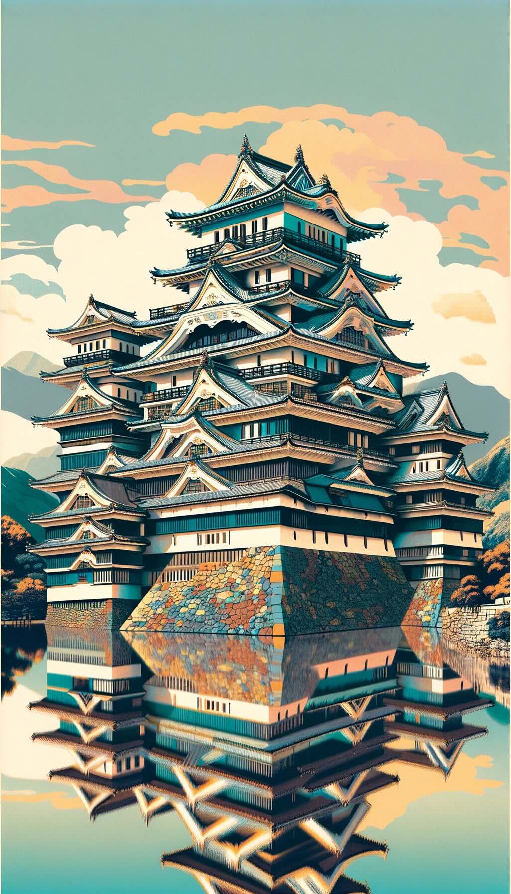 Japanese castle reflecting its architectural brilliance with multi-tiered pagoda-like towers, intricate carvings, and expansive moats, set against a serene landscape. The style captures the essence of ancient Japan, blending historical architecture with modern artistic expression