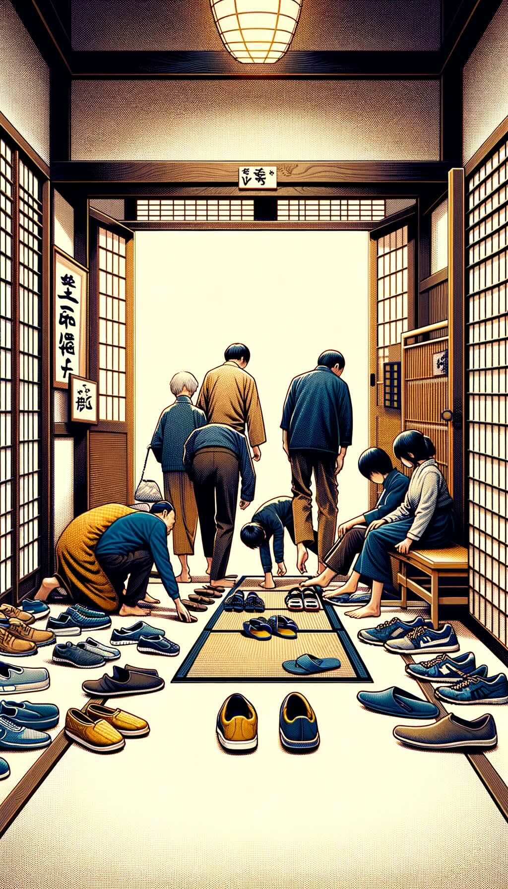 Japanese custom of removing shoes indoors, features a Japanese genkan (entryway) where people are taking off their shoes and switching to slippers, showcasing the cultural practice of maintaining cleanliness and respect for indoor spaces. It includes various types of shoes and slippers to represent the diversity of people adhering to this custom, conveying the significance of this tradition in Japanese homes and certain public establishments. The image reflects the deep-rooted cultural values of cleanliness, respect, and consideration for others.