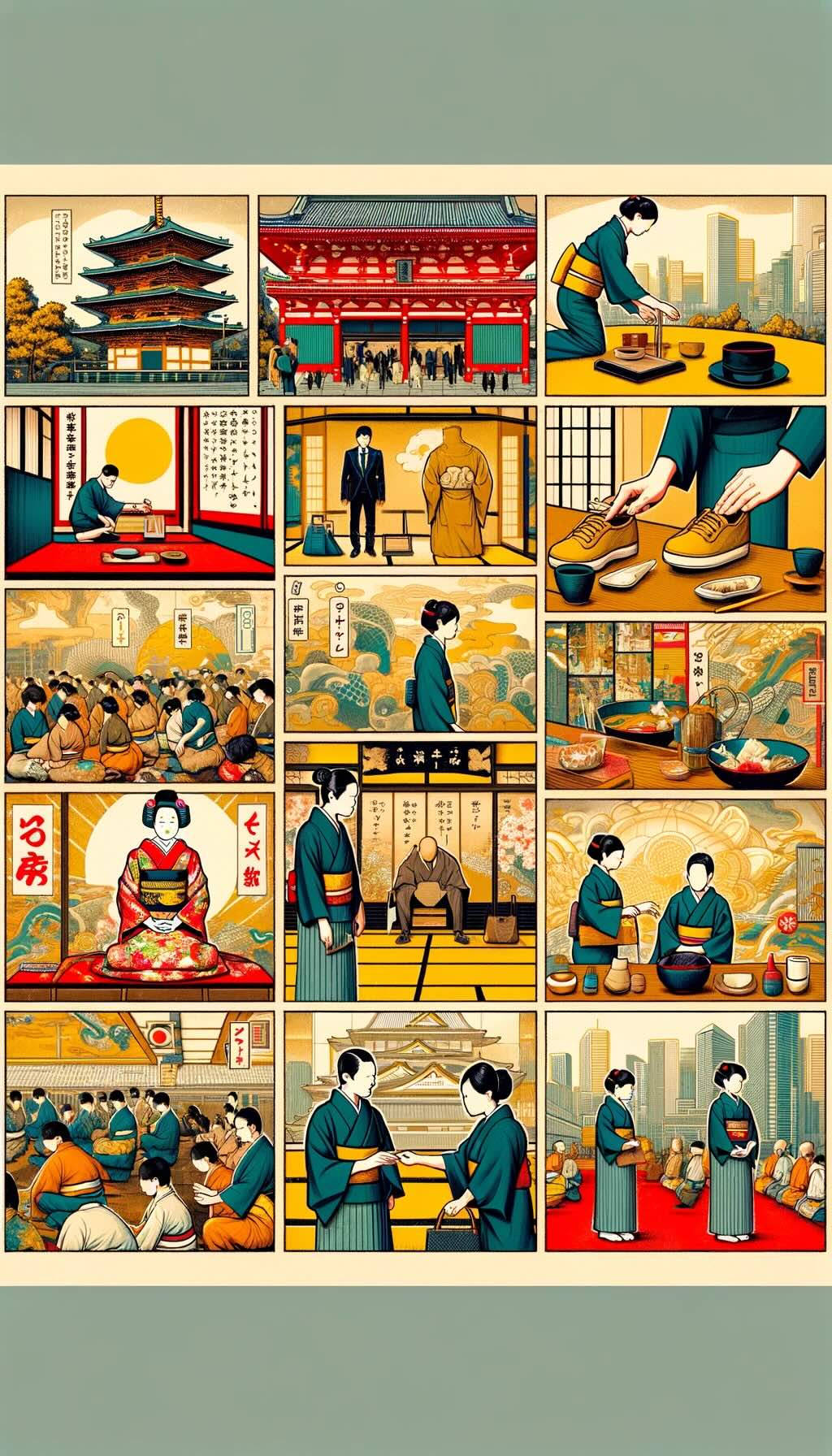 Japanese etiquette and social norms depicts the blend of ancient traditions and modernity, showcasing elements of traditional Japanese culture alongside modern cityscapes. Key aspects of etiquette, such as removing shoes, bowing, and handling objects with care, and emphasizes cultural awareness as key to navigating Japan. The concept of 'wa' (harmony) is highlighted, alongside scenes depicting cultural practices like quietness on public transport and the custom of not tipping. It conveys the importance of respect, politeness, and consideration in Japanese society.