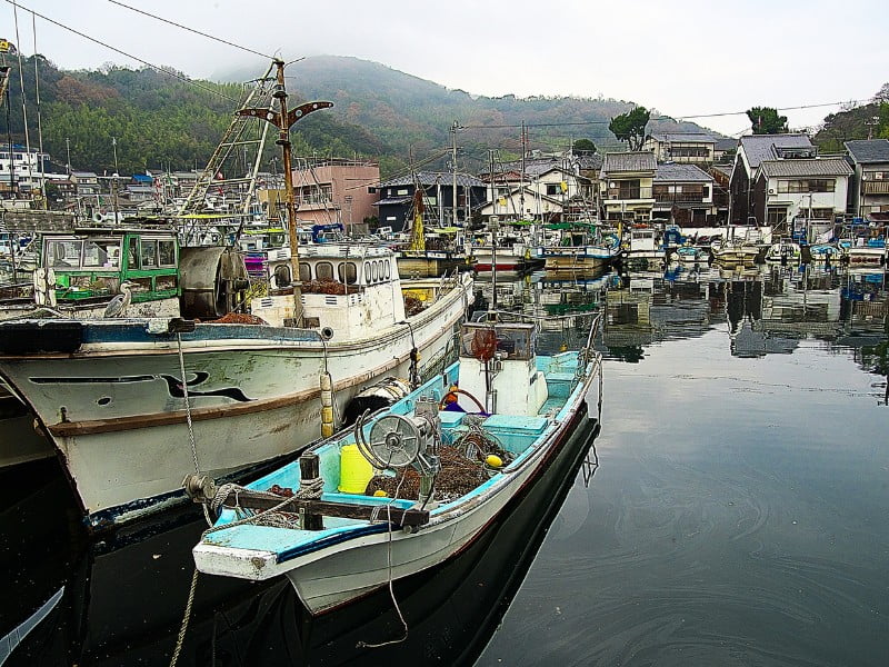 Japanese Fishing Village with Boats On The Water 