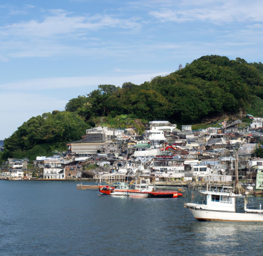 Japanese fishing village on a bright sunny day 