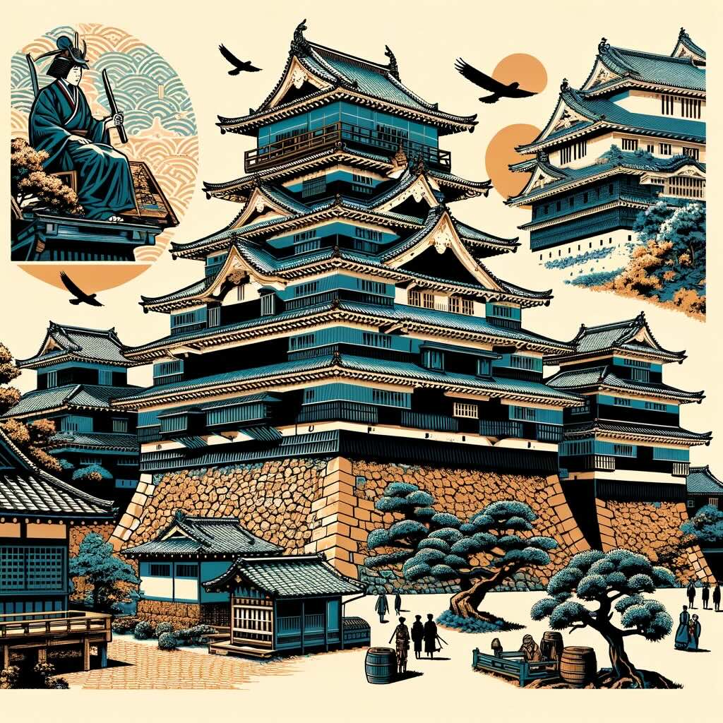 Japan's castles portrays the majesty and historical significance of these castles, complete with elements like cobbled pathways, towering turrets, and intricately designed ramparts. The artwork also includes representations of samurai warriors and shogunate politics, along with the artistry of Japanese culture seen in manicured gardens and delicate craftsmanship symbolizes the castles as profound storytellers of Japan’s rich history, culture, and architectural evolution