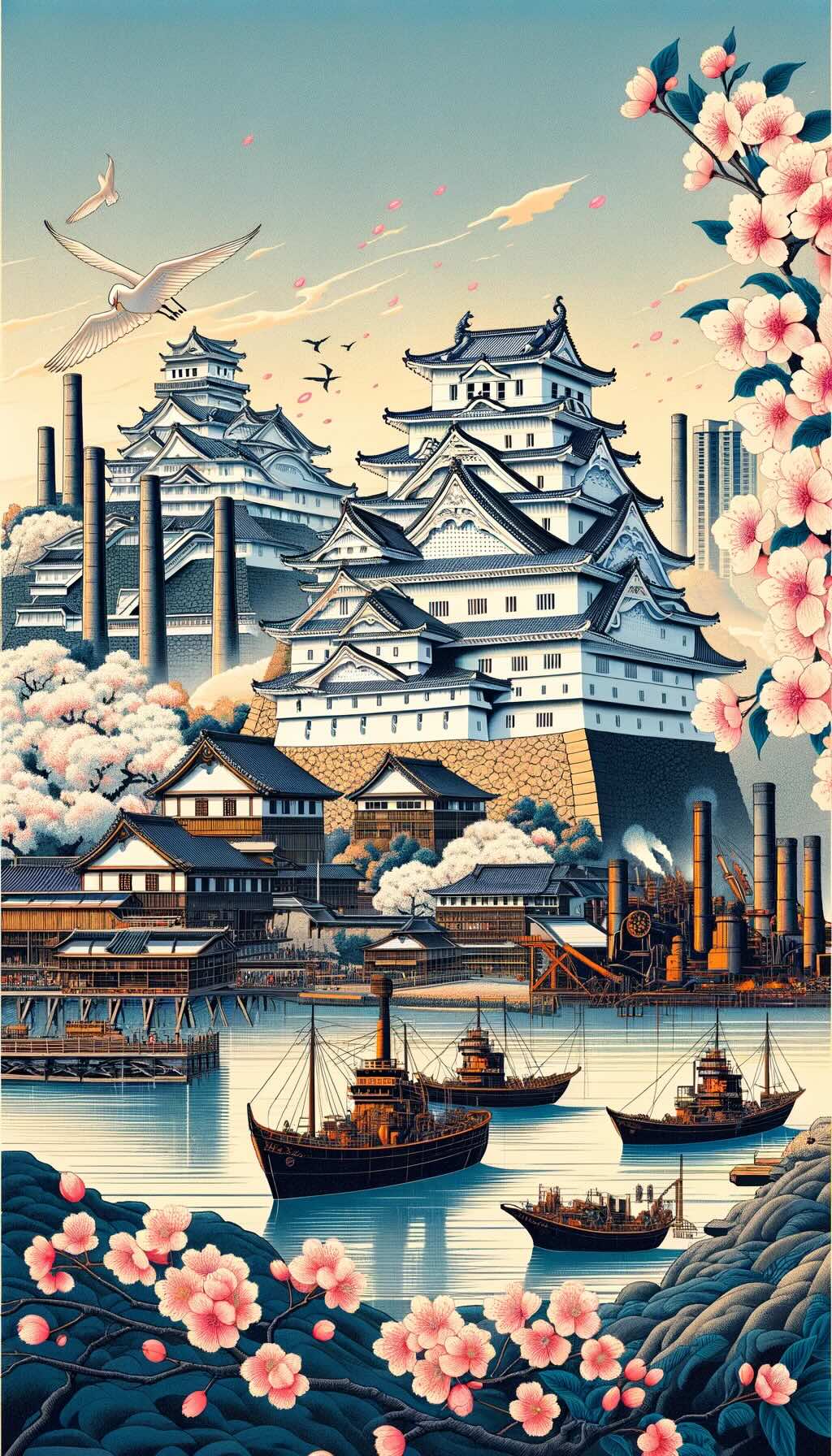 Japan's historical structures, including Himeji Castle and the Sites of Japan’s Meiji Industrial Revolution. The artwork highlights the contrast between Japan's feudal splendor and its rapid industrialization