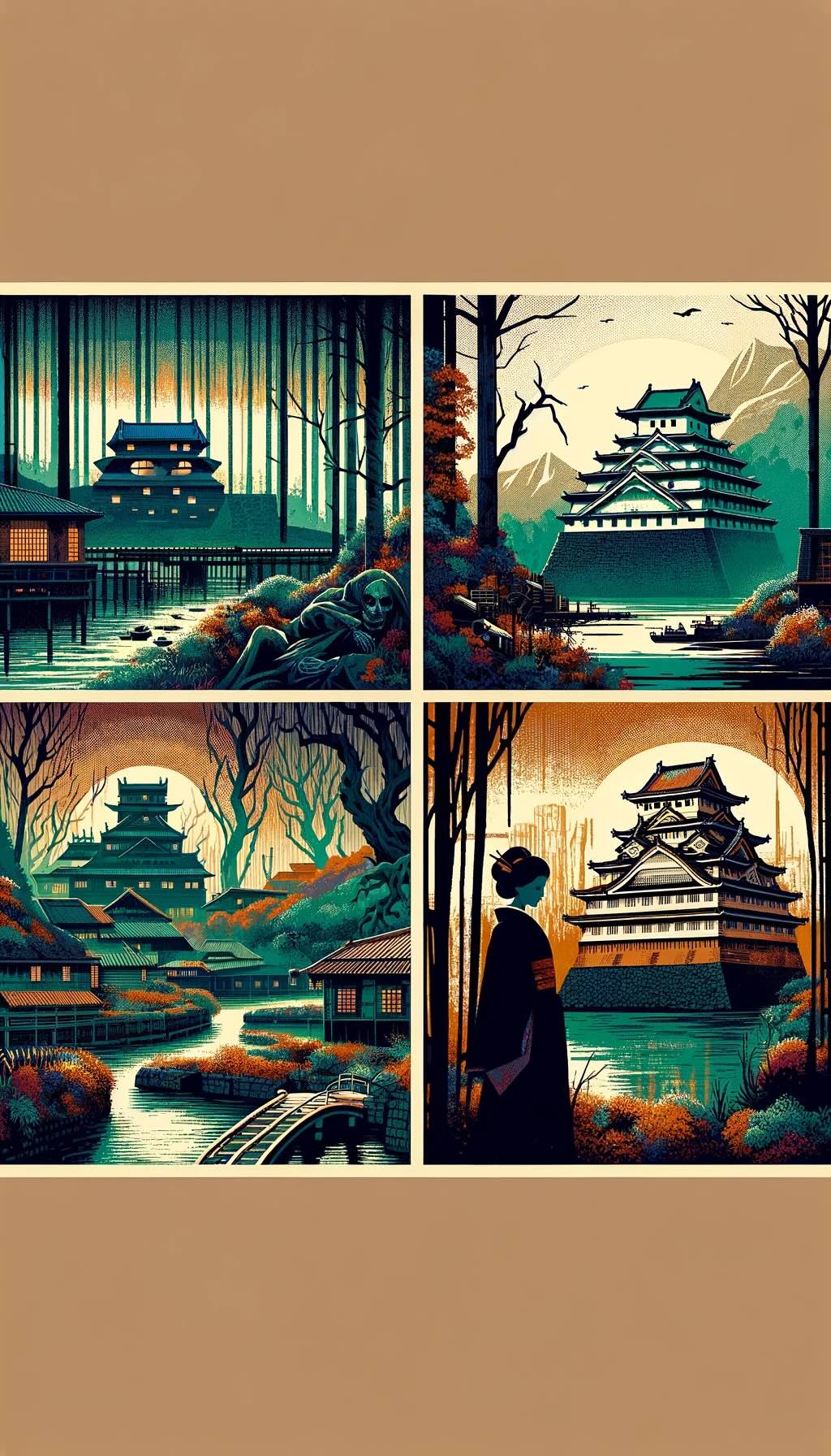 Japan's most haunted historical sites, each rendered with an eerie and captivating essence. Aokigahara Forest: This part of the image depicts the dense, otherworldly foliage of Aokigahara, the Sea of Trees, capturing its somber mythology and eerie atmosphere. Himeji Castle: Illustrated here is the stunning architecture of Himeji Castle, intertwined with the ghostly legend of Okiku, adding a spectral quality to its historical beauty. Hashima Island: The abandoned industrial ruins of Hashima Island, or Gunkanjima, are portrayed with a haunting aura, reflecting its past as a bustling coal mining facility now left in desolation. Himuro Mansion: This segment represents the mysterious Himuro Mansion, shrouded in urban legends of hauntings and brutal rituals, offering a modern twist to Japan's haunted locales.