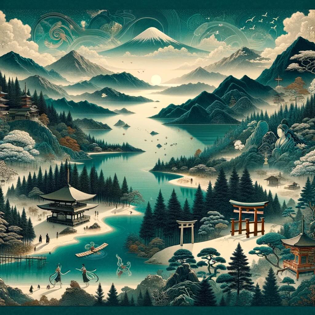 Japan's profound connection with nature, culture, and history features a serene Japanese landscape with mountains, the sea, forests, and traditional elements, all intertwined to depict the country's spiritual and historical essence