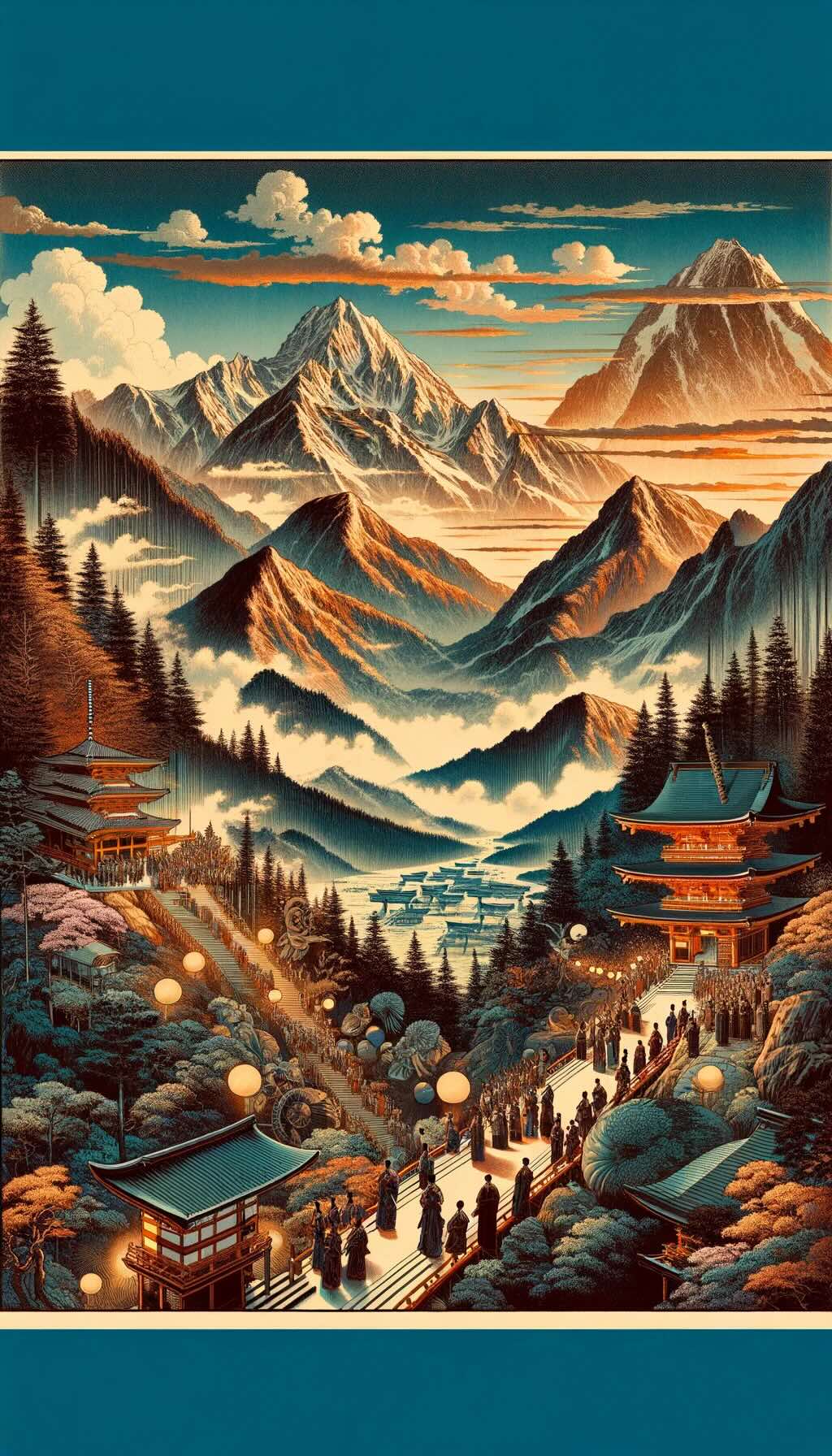 Japan's rich mountainous landscapes, showcases the spiritual, cultural, and natural significance of mountains in Japanese life. It illustrates the ancient pilgrimage routes, like the Kumano Kodo, winding through mystical forests and leading to serene peaks. Ceremonies celebrating "yamabiraki" and the tradition of watching the first sunrise of the New Year from a mountain summit are depicted, highlighting the profound connection between the mountains and Japanese spirituality. The majesty of Japan's mountains is beautifully conveyed, with paths meandering through ancient forests, peaks reaching towards the clouds, and valleys that whisper tales of history. It invites viewers to explore the deep spirituality and breathtaking beauty of Japan's legendary mountains, emphasizing their pivotal role in the tapestry of rural Japan.