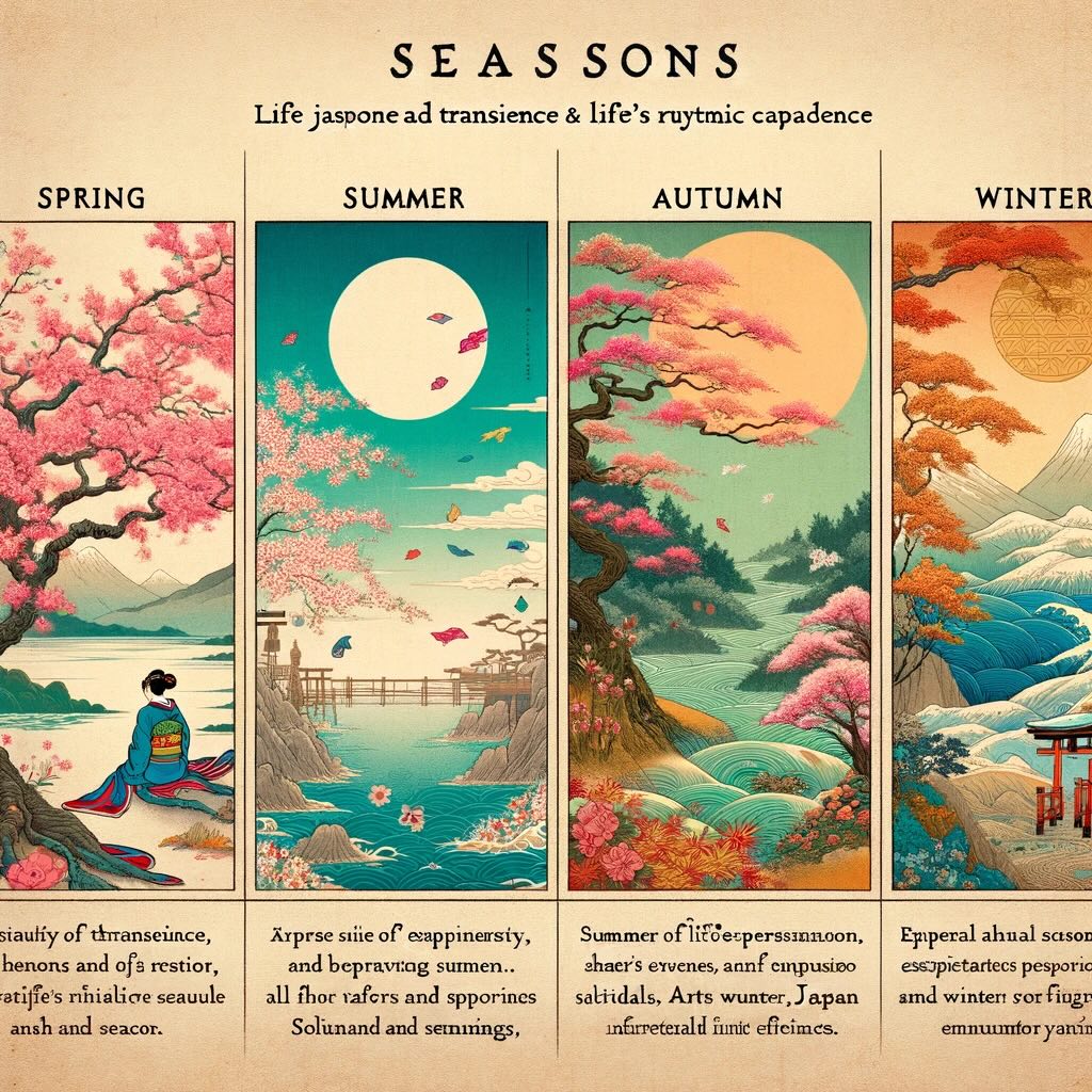 Essence of Japan's seasonal exploration, capturing the beauty of transience and life's rhythmic cadence through the journey of its seasons