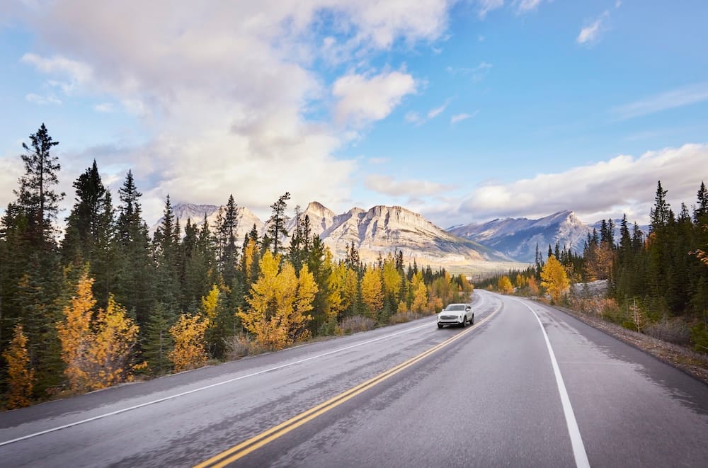A paved mountain highway winds through Jasper National Park in Alberta, Canada, with a car on the road, evergreen forest, yellow autumn foliage and rugged Rocky Mountain peaks ahead.