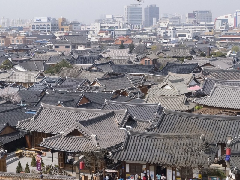 Jeonju Hanok Village architecture rooftops from a distant vantage point 