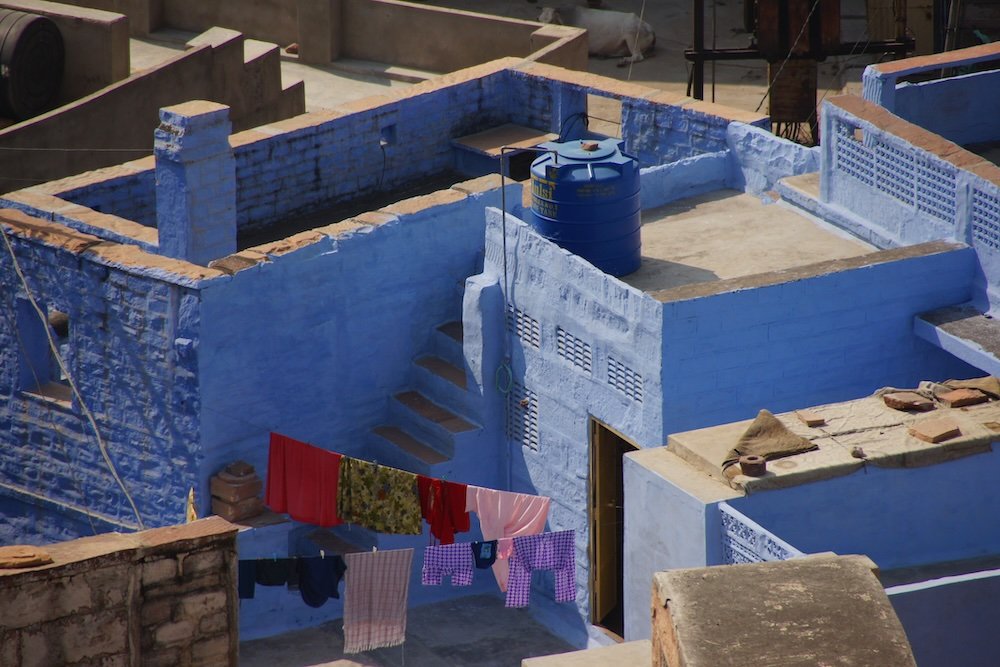 Jodhpur Blue City rooftop views clothes hanging out in Rajasthan, India 