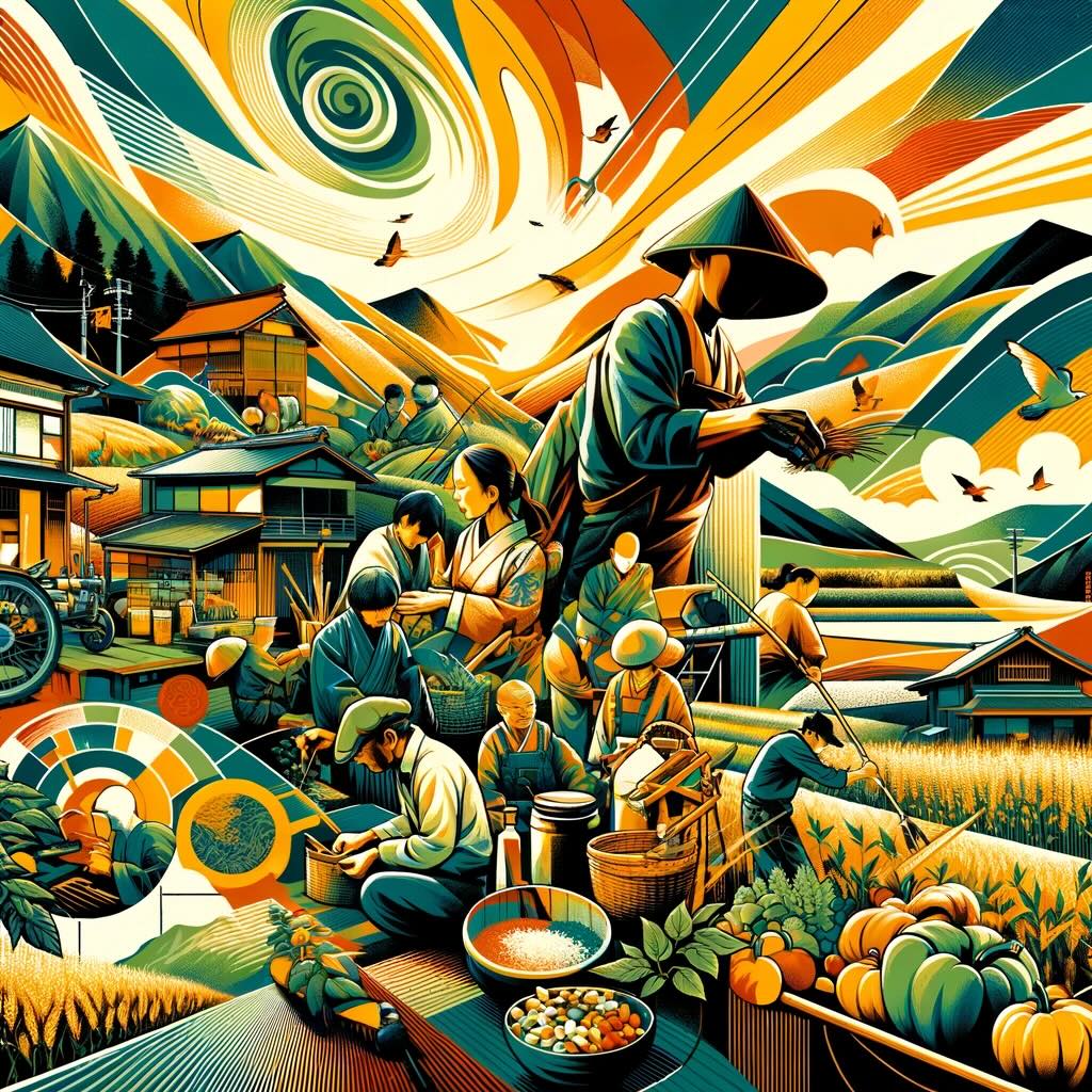 Joining a Japanese farming community, portrayed the composition highlights the blend of cultural immersion, personal growth, and connection to nature, showcasing activities like traditional farming, community festivals, and harmonious living with the natural world. It emphasizes the sustainable and respectful approach to cultural immersion and the rewards of rural life in Japan. The vibrant colors and abstract shapes effectively convey the sense of discovery, learning, and adaptation involved in this journey, set against the backdrop of Japan's rural landscapes.