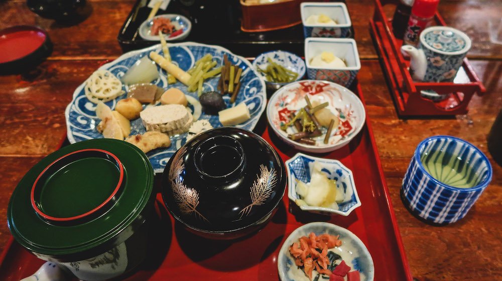 Kaiseki feast in Japan in Takayama with assorted food and dishes 