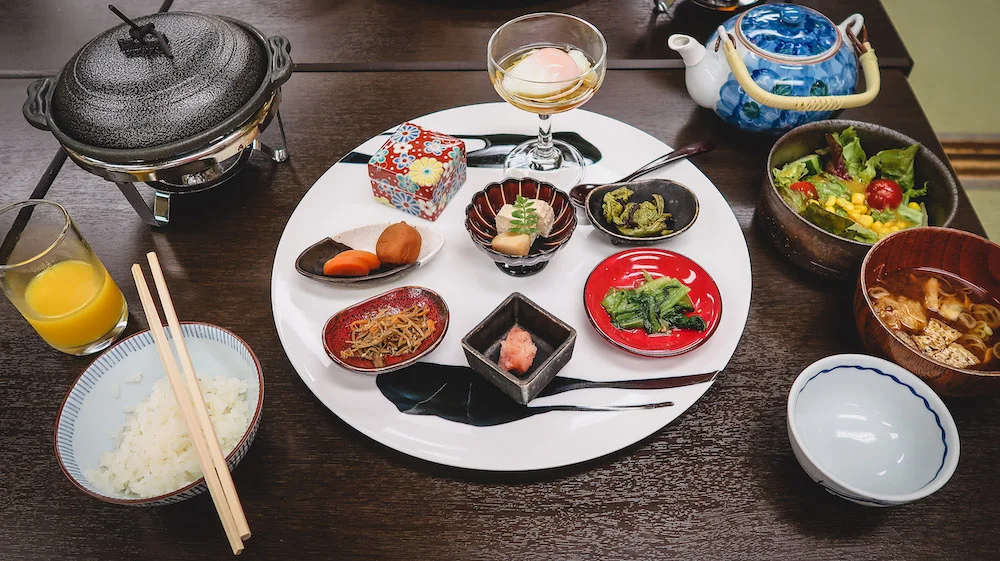 Kaiseki Traditional Japanese Breakfast spread we sampled at our Ryokan in Takayama, Japan