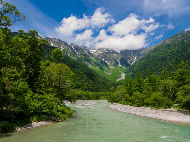 Kamikochi rural views in Japan with rivers and mountains and forests
