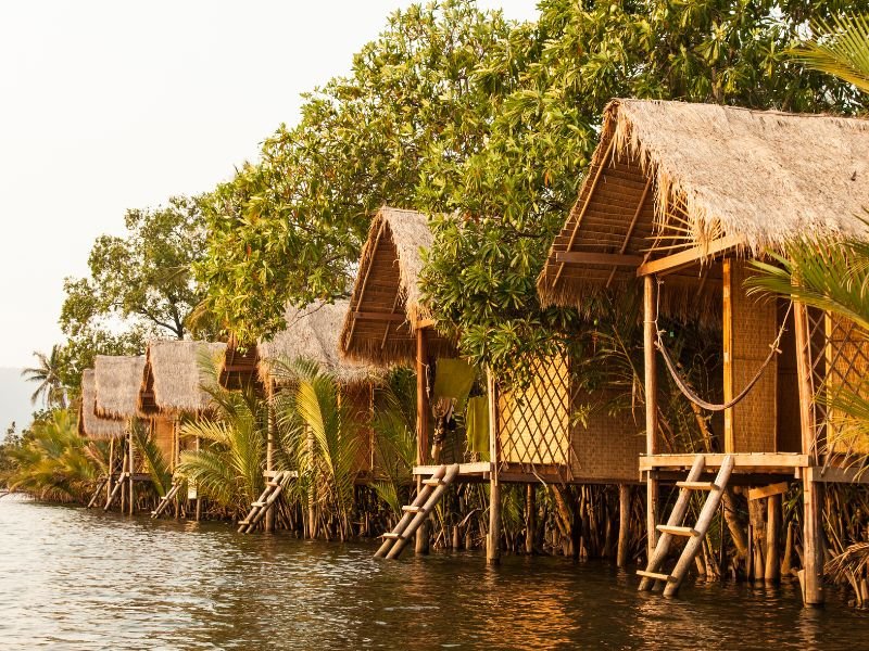 Kampot riverside hut accommodations in Cambodia 