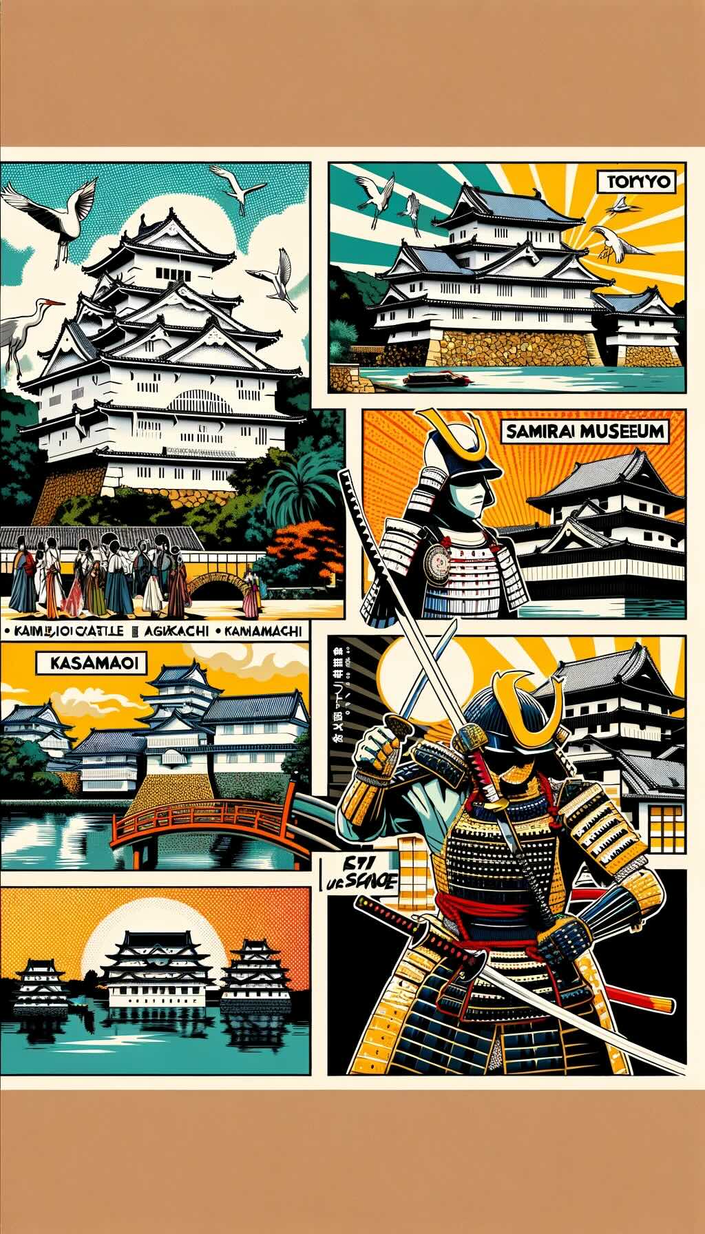 Key samurai-related sites across Japan, capturing the historical significance and architectural beauty of these locations. It vividly depicts Himeji Castle in Hyogo, the historic samurai district of Nagamachi in Kanazawa, the Samurai Museum in Tokyo, the restoration of Kumamoto Castle, the Tsuruga Castle and Byakkotai Memorial in Aizu-Wakamatsu, and Kyoto's Nijo Castle with its unique 'nightingale floors'. The artwork reflects the rich samurai heritage of Japan in a vibrant and colorful style, highlighting the importance of these sites in understanding samurai history and culture