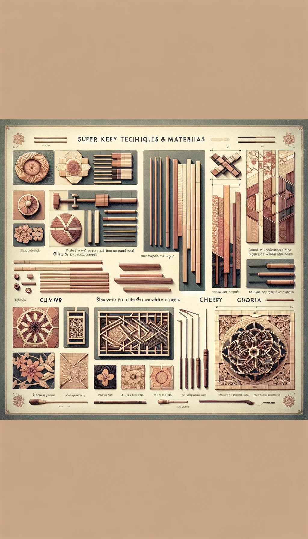 Key techniques and materials used in Yosegi-zaiku, a traditional Japanese woodworking craft illustrates the selection of different woods like keyaki, katsura, cherry, and magnolia, and portrays the precision crafting process, including the shaping of rods, gluing, and shaving into thin veneers. The intricate geometric patterns and nature-inspired motifs characteristic of Yosegi-zaiku are emphasized, along with the symbolic representations found in the designs. Rendered in a super vintage style with soft, muted colors, the artwork conveys the meticulous skill and patience of the artisans, showcasing the beauty and complexity of this traditional Japanese woodworking technique.