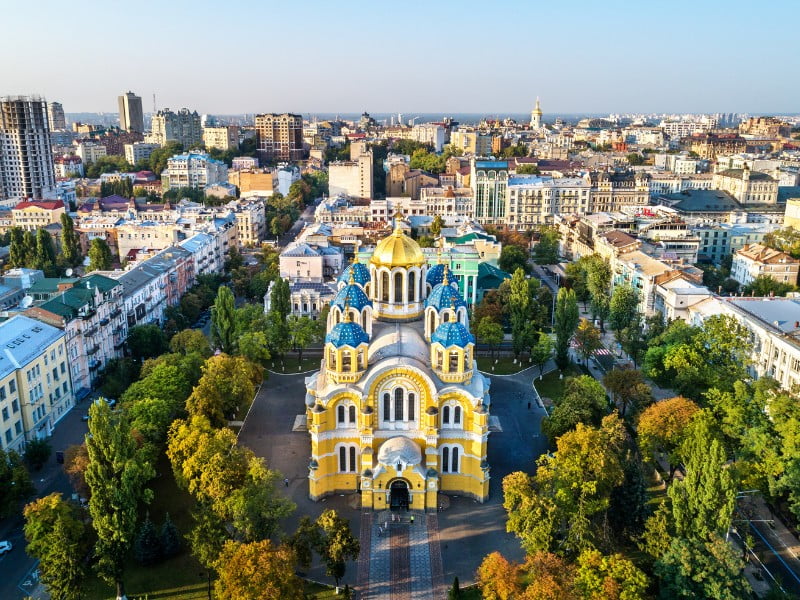 Kiev cathedral aerial views in Ukraine with plenty of green space in the city 