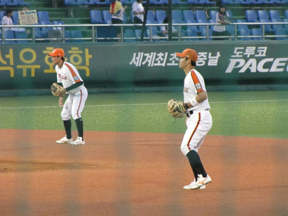 Korean baseball players during a game in Daejeon, South Korea 