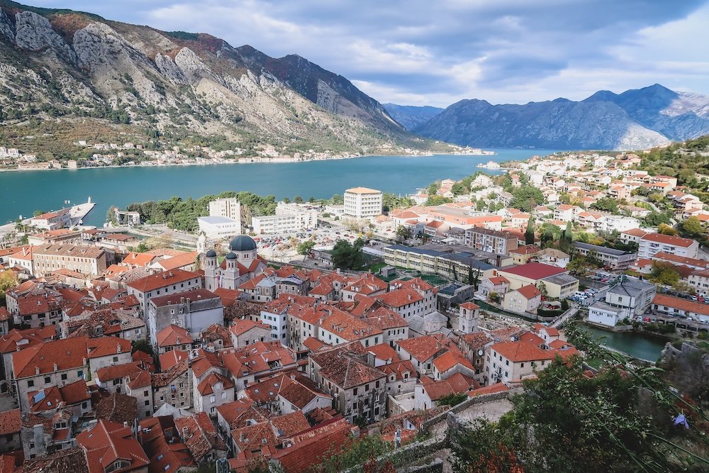 Kotor red and orange rooftop views in Montenegro from a high vantage point 