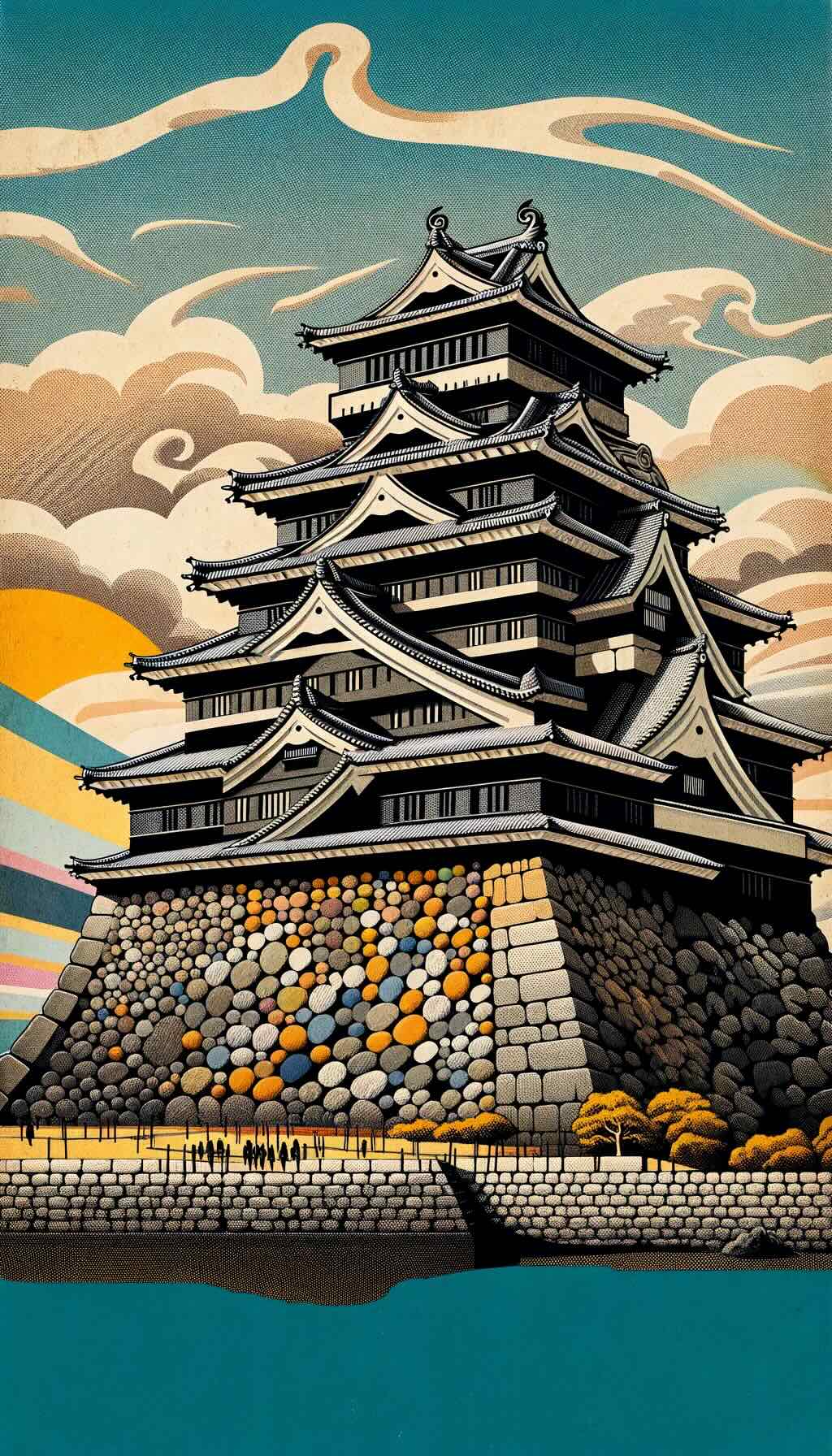 Kumamoto Castle captures the castle's formidable stone walls and its spirit of resilience and restoration following the 2016 earthquake