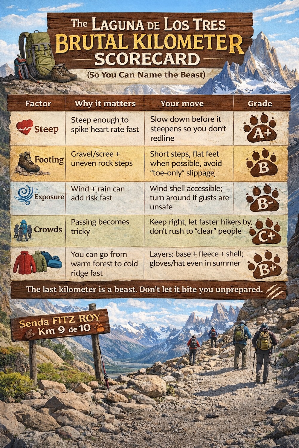 Laguna de los Tres brutal final kilometer infographic in El Chaltén, Patagonia, Argentina, showing a scorecard of steepness, footing, exposure, crowds and temperature tips to help hikers survive the toughest section of the trail.