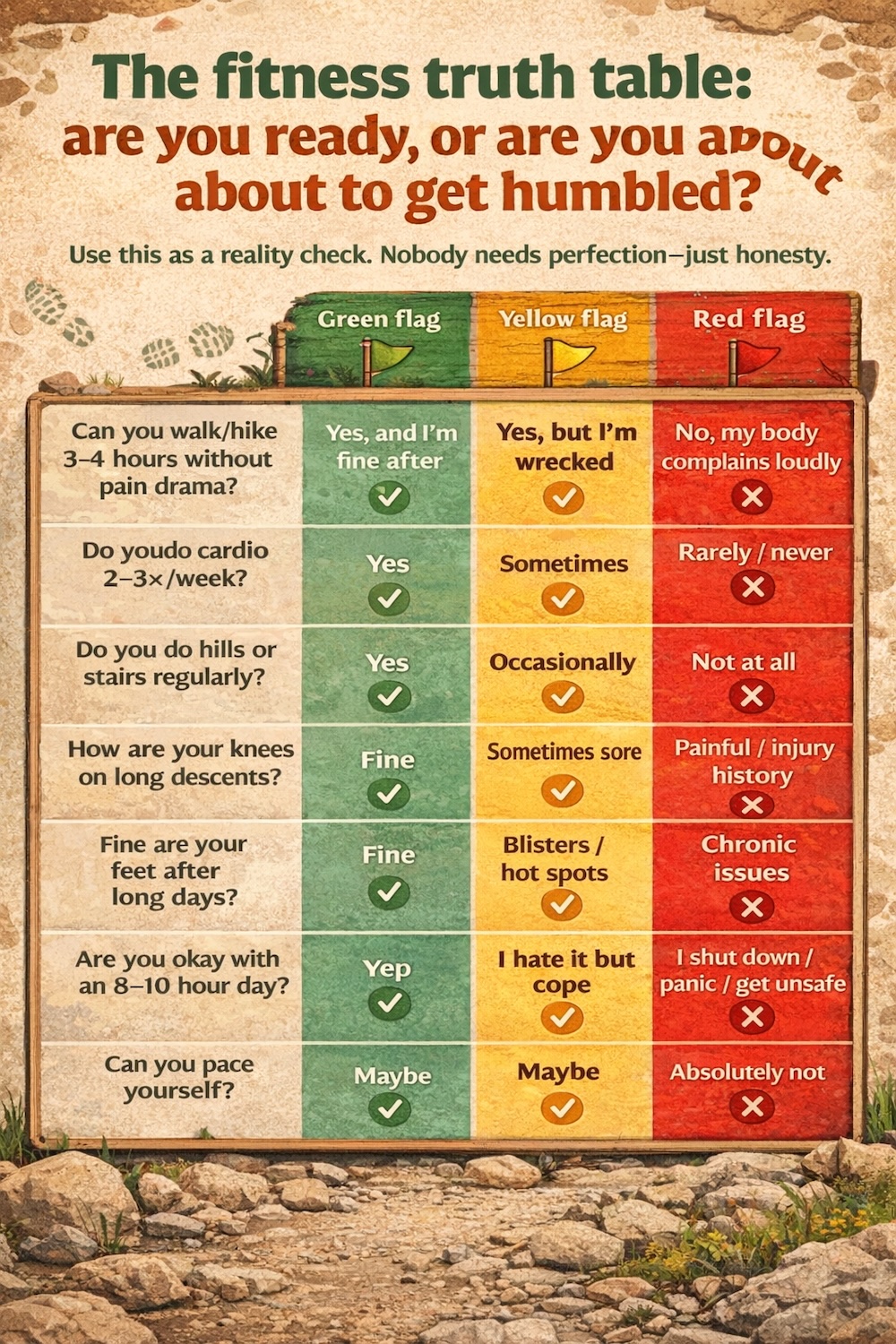 Laguna de los Tres hiking fitness infographic in El Chaltén, Patagonia, presenting a reality-check table of green, yellow, and red flags to help trekkers honestly assess if they’re ready for the demanding Fitz Roy hike.