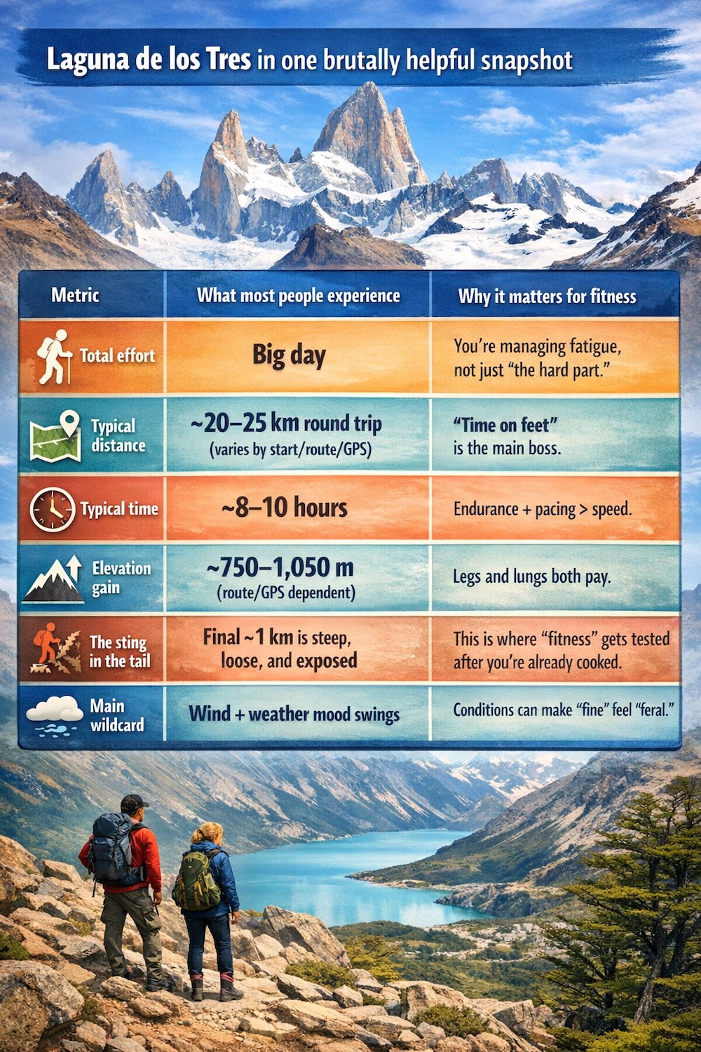 Laguna de los Tres infographic showing key hiking metrics including distance, time, elevation gain, steep final climb, and weather challenges, helping hikers understand the real fitness demands of the Fitz Roy trek in El Chaltén, Patagonia.