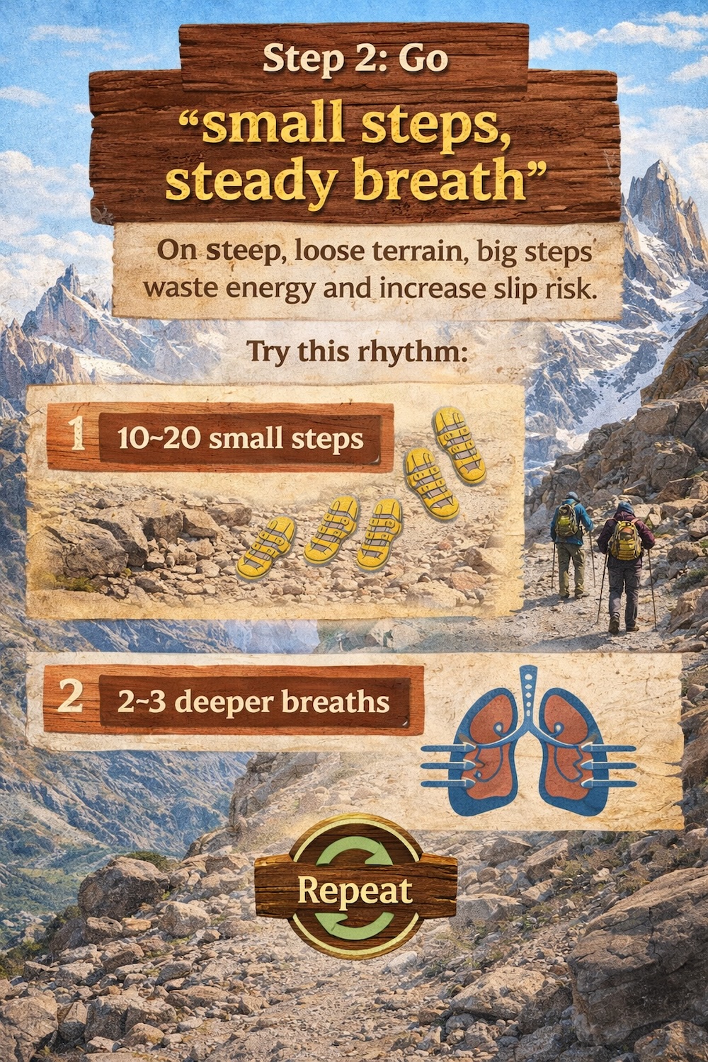 Laguna de los Tres hiking tip infographic in El Chaltén, Patagonia, Argentina, showing Step 2 of surviving the brutal final kilometer with small steps and steady breathing to handle steep loose terrain safely.