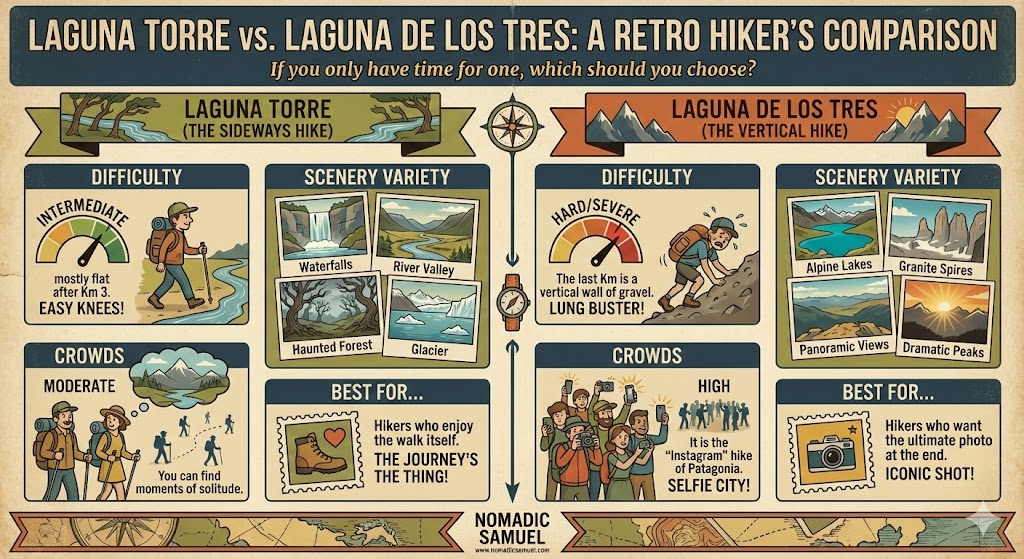 A retro-themed hiker's comparison infographic between the Laguna Torre "Sideways Hike" and the Laguna de los Tres "Vertical Hike" in El Chaltén, Argentina. The graphic compares difficulty, scenery variety, crowds, and ideal hiker types.