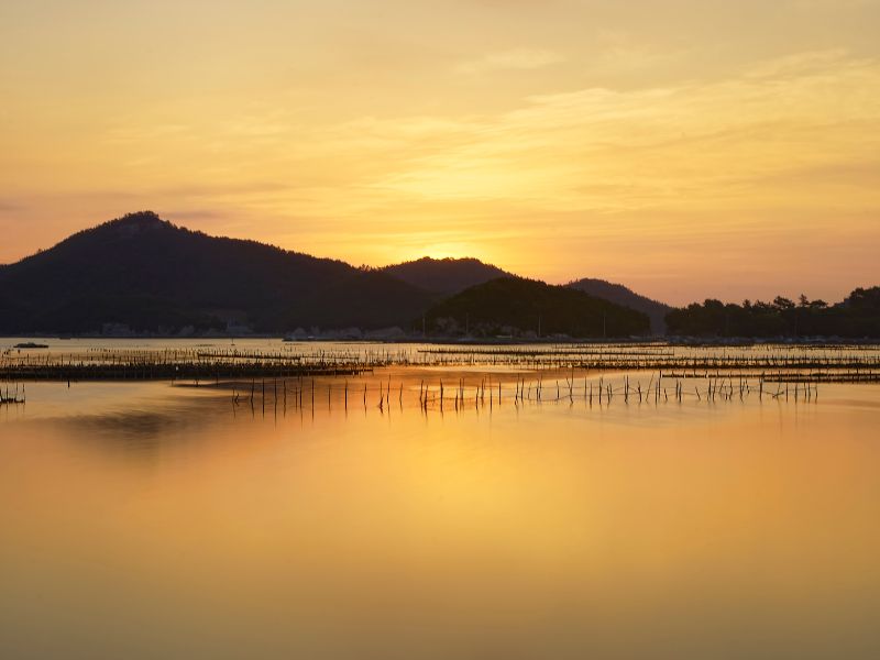 Lake sunset golden rays in Chuncheon, South Korea 