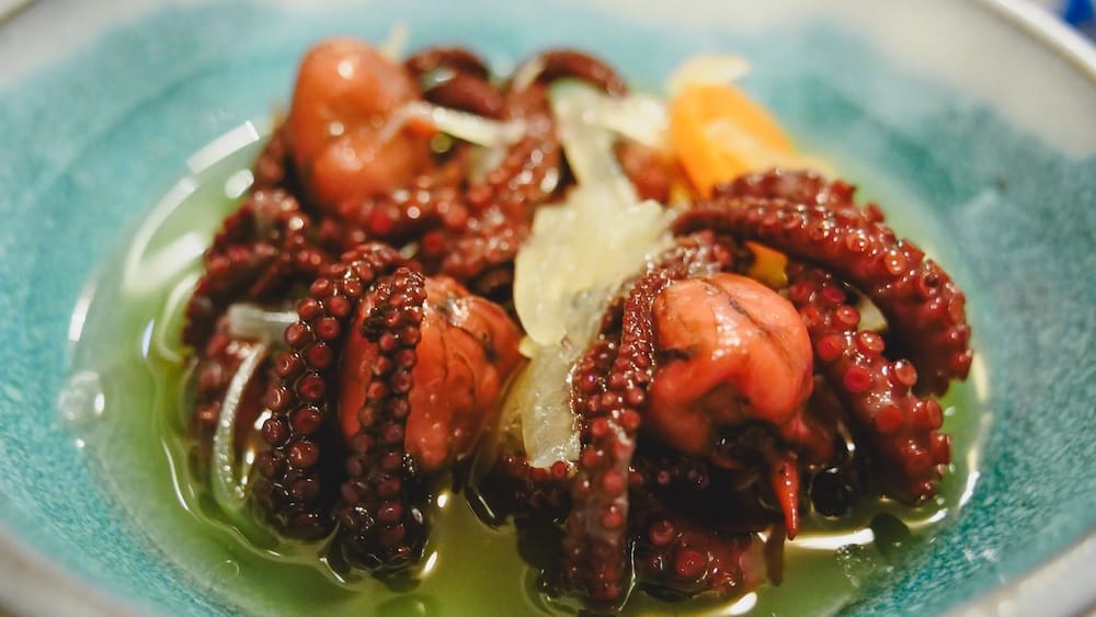 Las Grutas Patagonia gourmet seafood octopus dish showcasing fresh Atlantic coastal cuisine in Río Negro Argentina Las Grutas, Río Negro Patagonia — gourmet seafood dish featuring tender octopus in olive oil with onions and vegetables, highlighting the fresh coastal cuisine and unexpected culinary experiences found along Argentina’s Atlantic Patagonia shoreline.