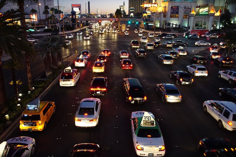 Las Vegas busy traffic scene at night 