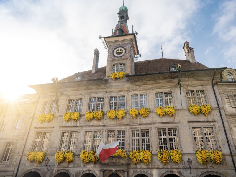 Lausanne town hall with the sun shining 